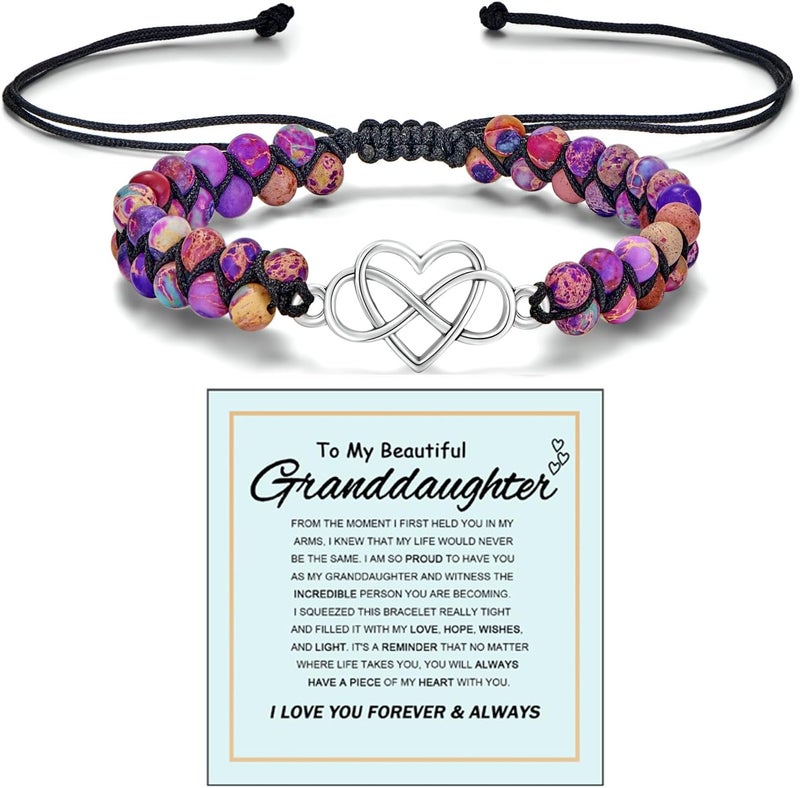 DivaGlamz To My Granddaughter-Infinity Forever Love Heart Bracelet, Natural Emperor Stone Double Layer Purple Beaded Woven Wrap Bracelets Adjustable Mind Peace Gift Jewelry - Image 1
